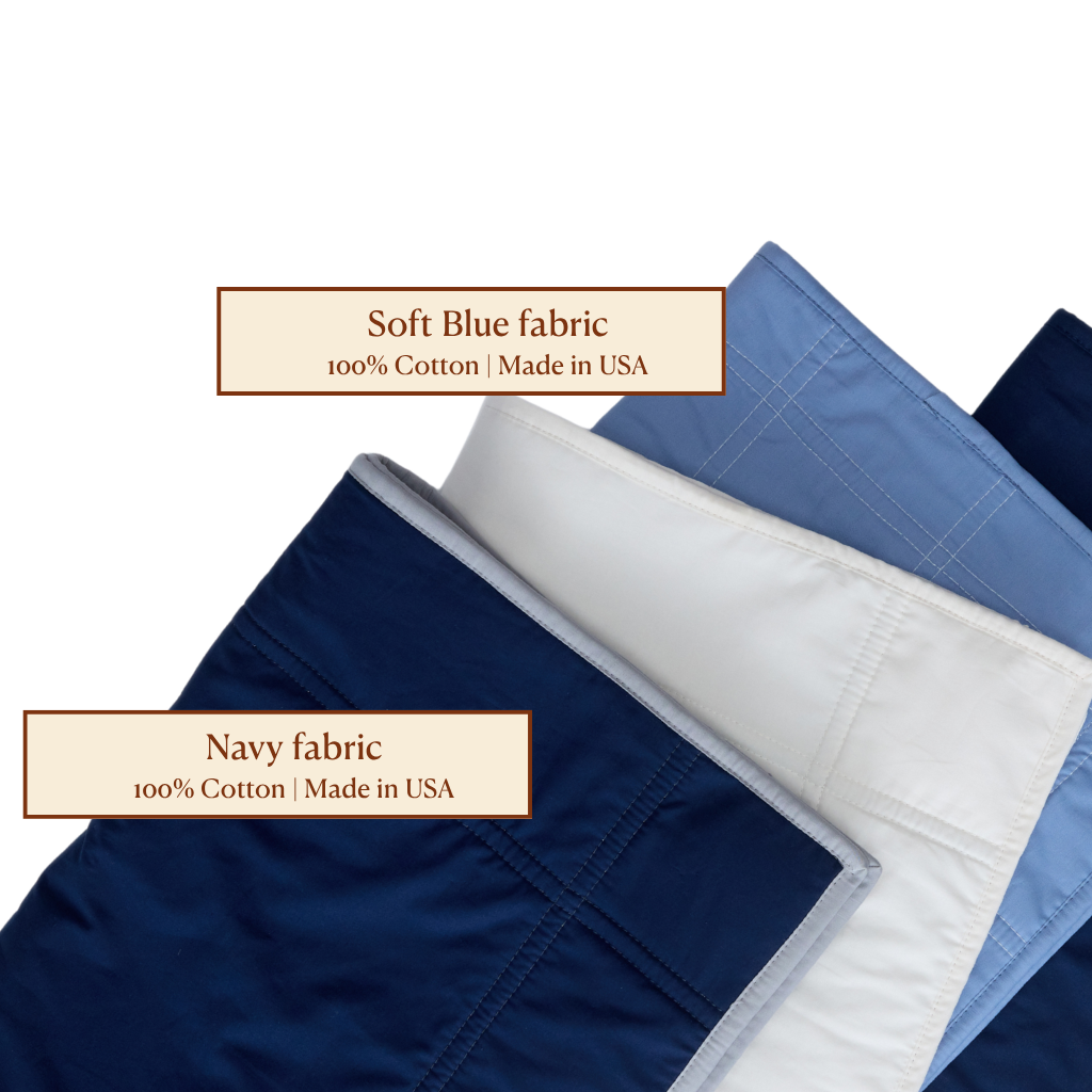 Navy and soft blue fabric swatches with labels indicating material and origin.
