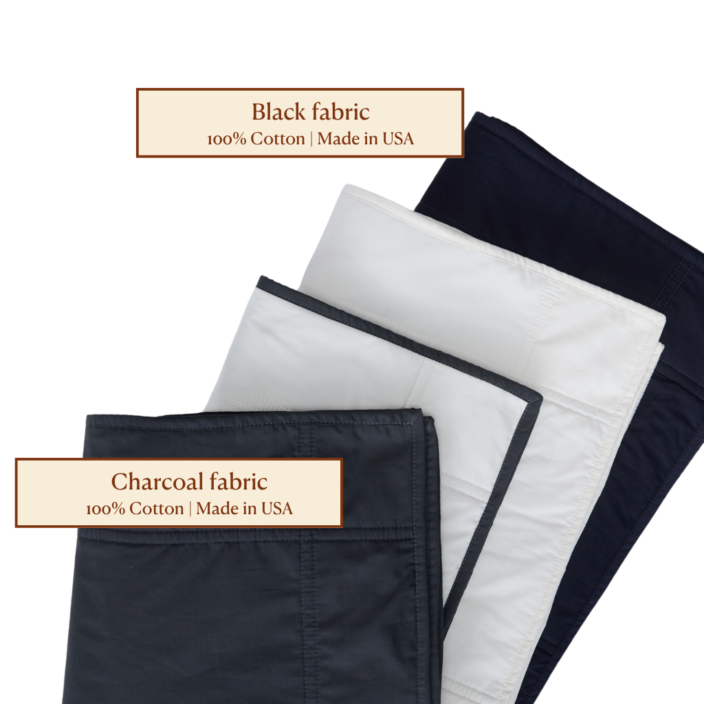 Three folded fabric samples labeled 'Black fabric' and 'Charcoal fabric', made of 100% cotton and made in the USA.
