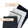 Three folded fabric samples labeled 'Black fabric' and 'Charcoal fabric', made of 100% cotton and made in the USA.