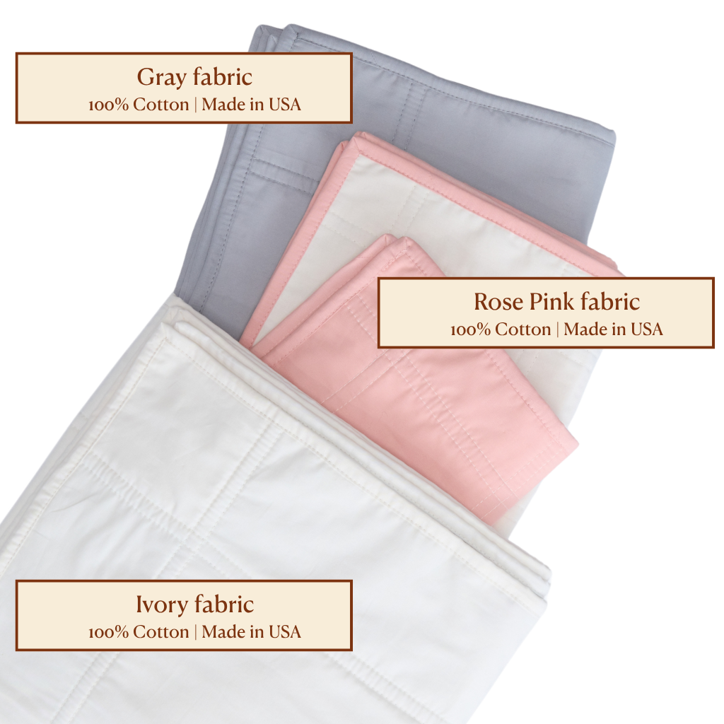 Three folded fabric samples labeled 'Gray', 'Rose Pink', and 'Ivory' with text indicating 100% cotton and 'Made in USA'.