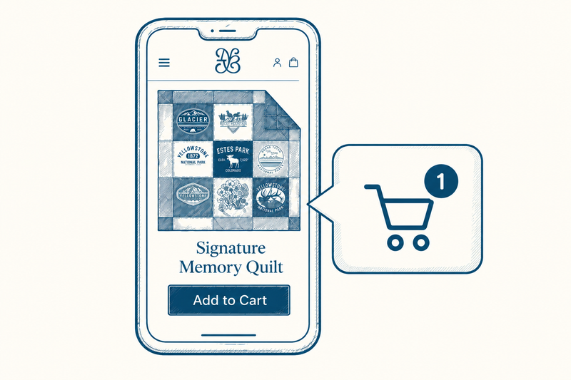 Illustration of a phone displaying a Nice Blanket Signature Memory Quilt product page with an “Add to Cart” button, alongside a shopping cart icon showing one item.