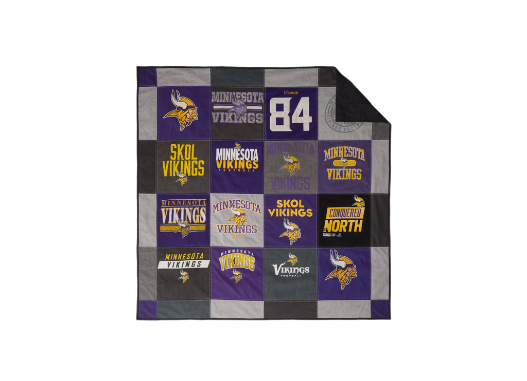 Minnesota Vikings themed memory quilt with patchwork design on a white background