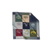 Nice Blanket Signature Memory Quilt made from national park and travel-themed shirts in navy, green, gray, burgundy, and tan, featuring Glacier, Rocky Mountain, Yellowstone, Estes Park, and Grand Teton designs in a 9-square grid.