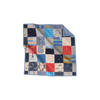 Nice Blanket Little Memories Quilt made from infant and toddler clothes in shades of blue, gray, coral, and cream, featuring stripes, checks, stars, cars, and playful character prints, with a blue backing folded over at the upper right corner.